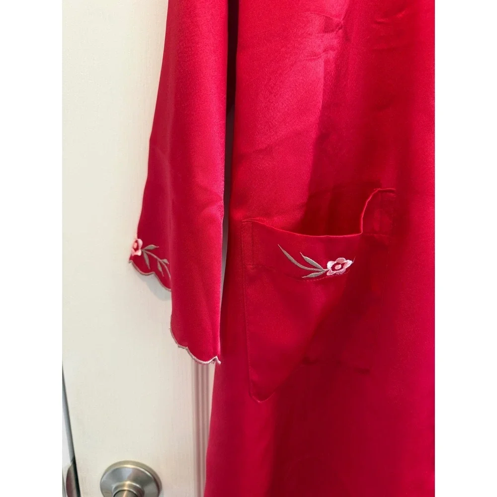 Vintage 100% Silk Peignoir Set Robe Nightgown Embroidered Red Floral Large